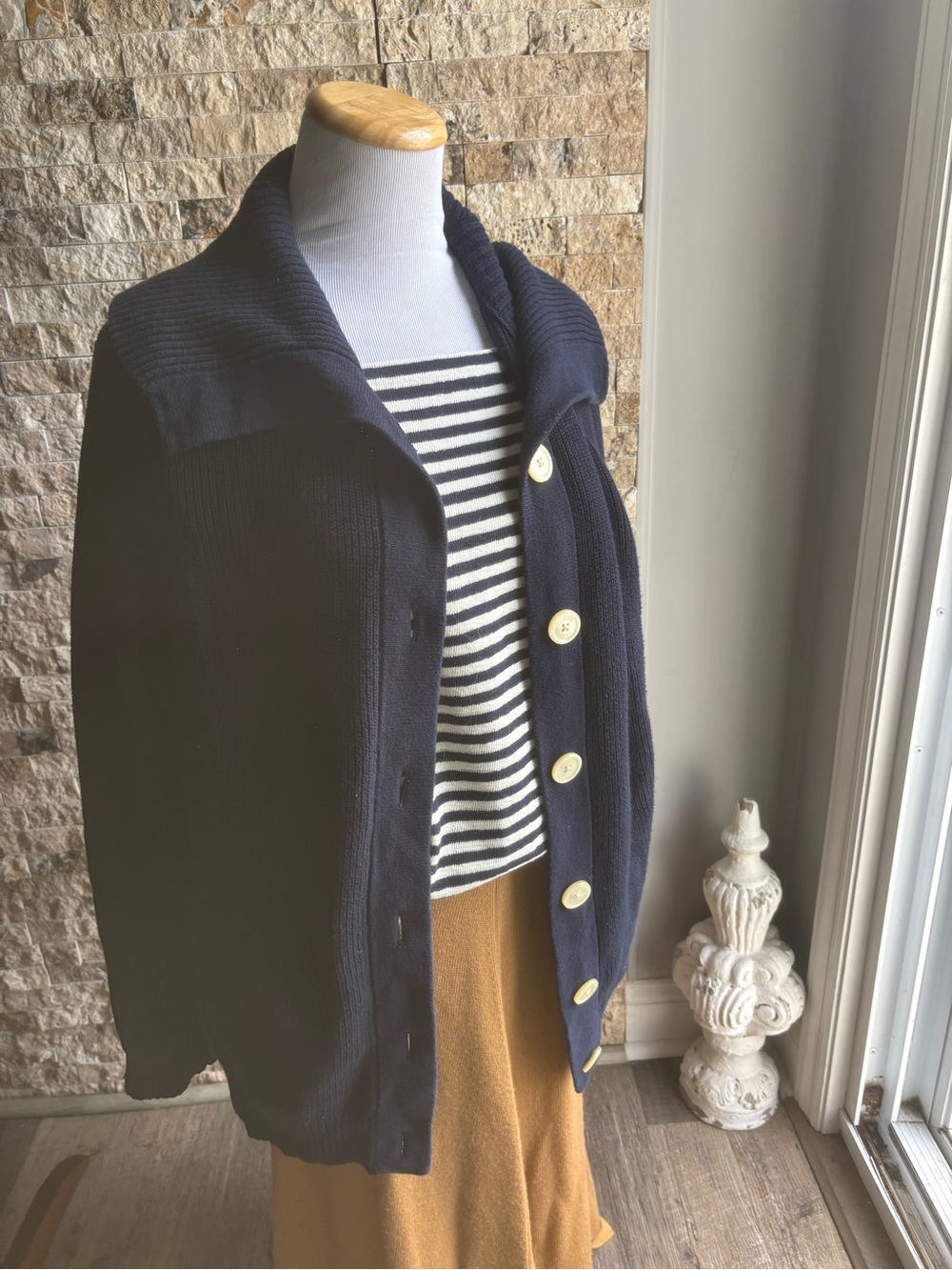 Chaps Navy and Ivory Button-Front Shawl Collar Cardigan